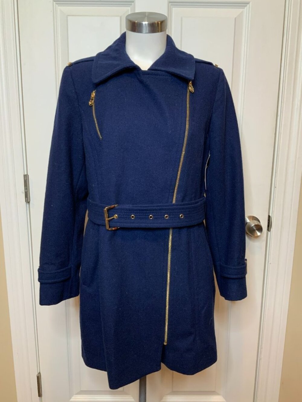 Michael Kors Blue Asymmetrical Belted Petite Wool Coat W/ Gold Details, Size 14P